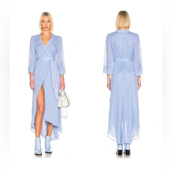 GANNI Printed Georgette Wrap Midi Dress In Light Blue 3/4 sleeve Size 36/S/2 - Picture 1 of 16
